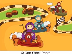 Kart Racing Track   Vector Illustration Of Happy Kids In A
