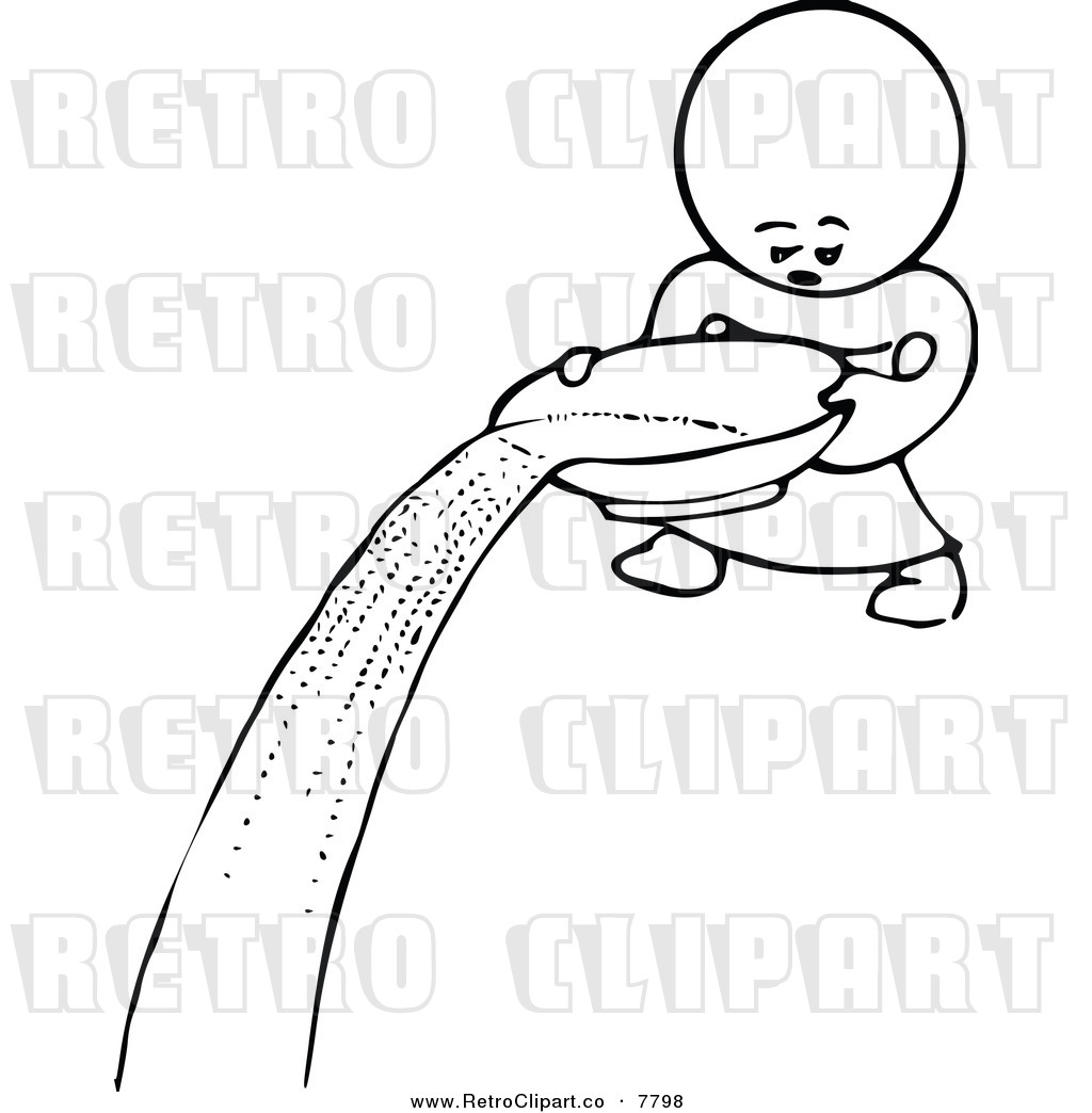 Vector Clipart Of A Retro Black And White Goops Kid Pouring Water