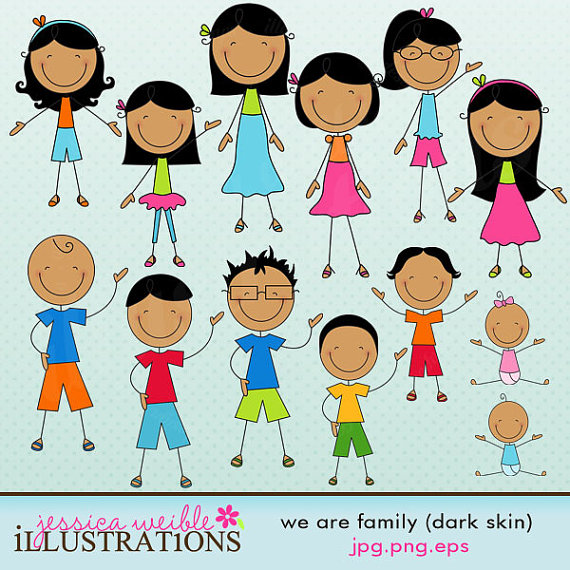 We Are Family  Dark Skin   Stick Figures Cute Digital Clipart For Card