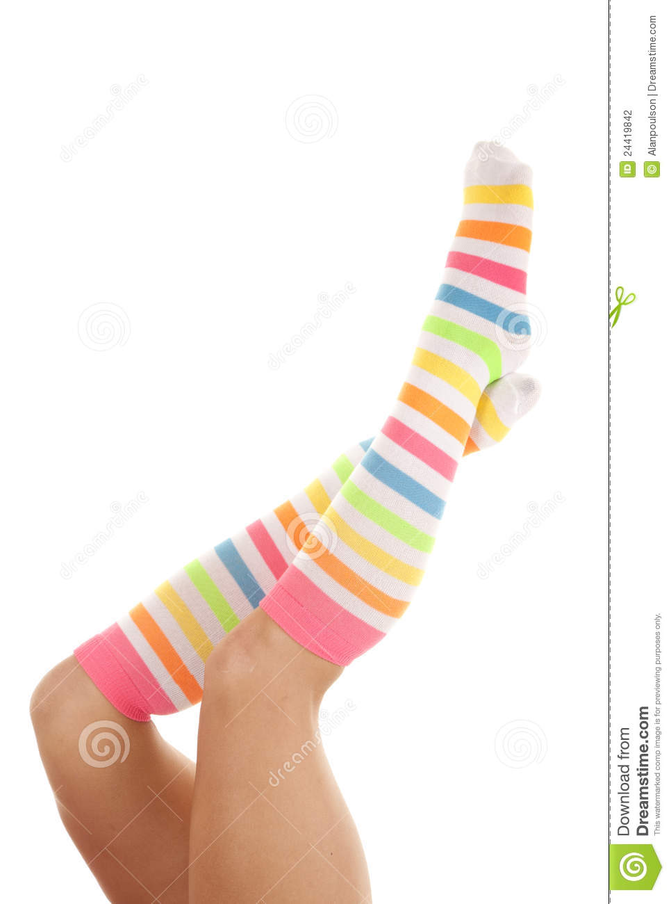 Woman Wearing Her Multi Colored Socks On Her Legs 