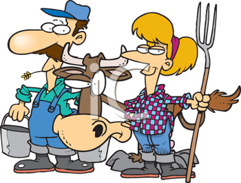 Cartoon Clipart Picture Of Farmers With A Dairy Cow Between Them