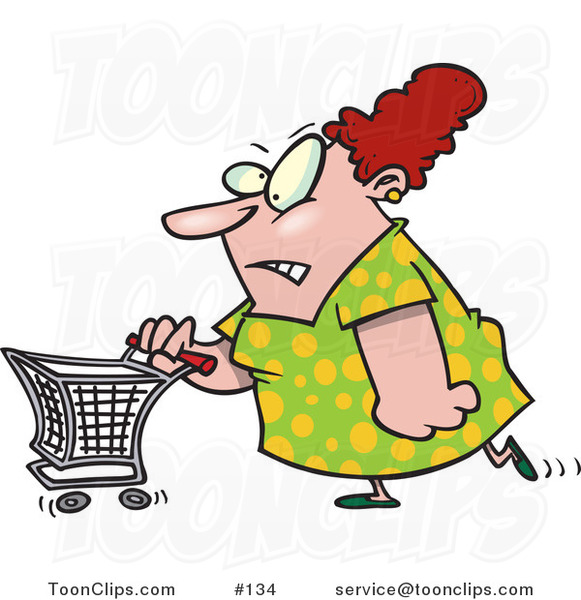 Cartoon Stressed Out Lady Pushing A Shopping Cart  134 By Ron Leishman