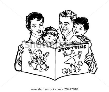 Family Reading Book   Retro Clipart Illustration   Stock Vector