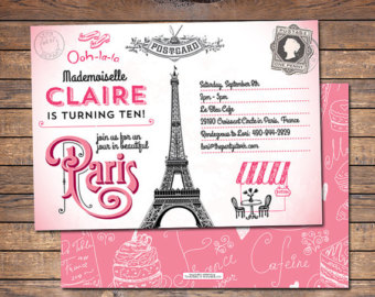 Paris Themed Party Invitation   Pri Ntable   Girls Pink Paris Birthday