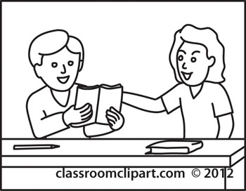 Two Children Reading Homework Book Outline   Classroom Clipart