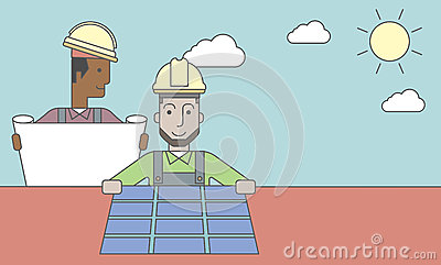American Engineer Holding Blueprints Standing Near Caucasian Worker
