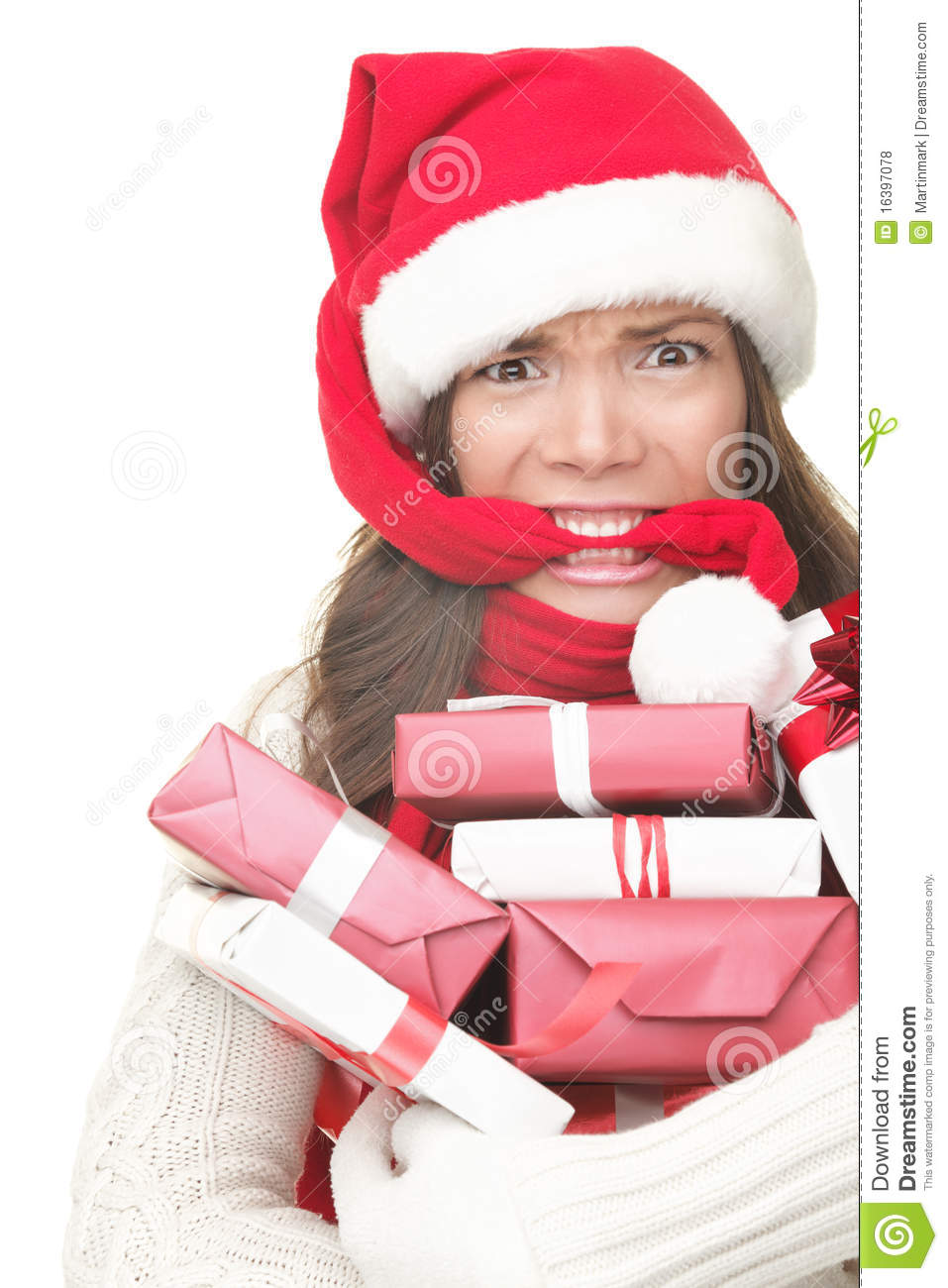 Christmas Shopping Woman Stress  Young Shopper Holding Christmas Gifts    