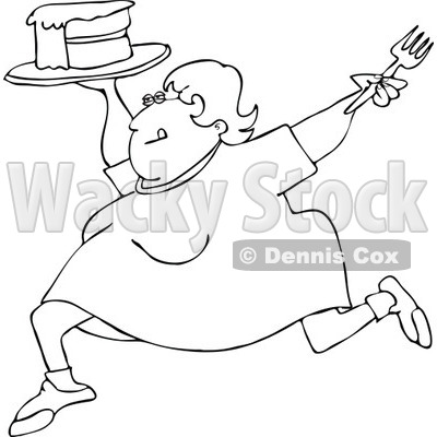 Clipart Outlined Cartoon Happy Fat Woman Running With Cake   Royalty