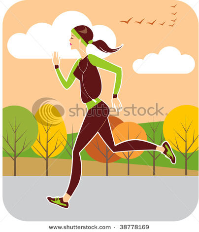 Clipart Picture Of An Attractive Woman Jogging Wearing Headphones With