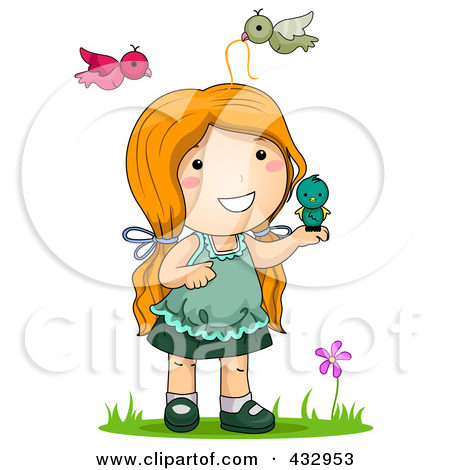 Free  Rf  Clipart Illustration Of A Girl Playing With Birds Outside