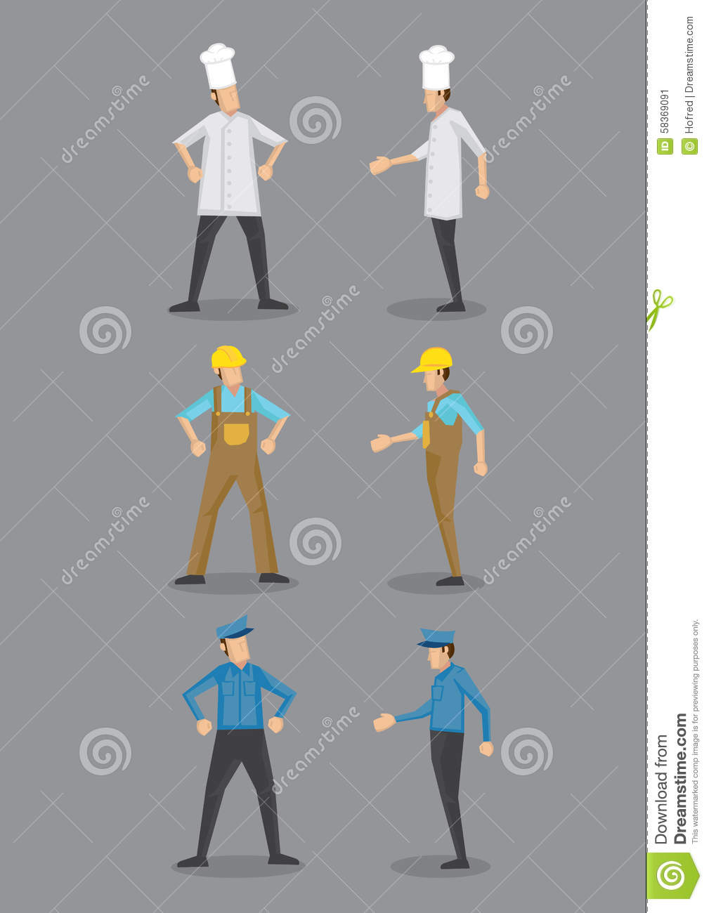 Vector Cartoon Icons Of Three Occupations Chef Construction Worker