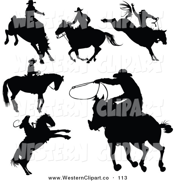 Vector Western Clip Art Of A Digital Set Of Black Cowboy Silhouettes
