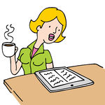 Woman Reading An Ebook And Drinking Coffee   An Image Of A