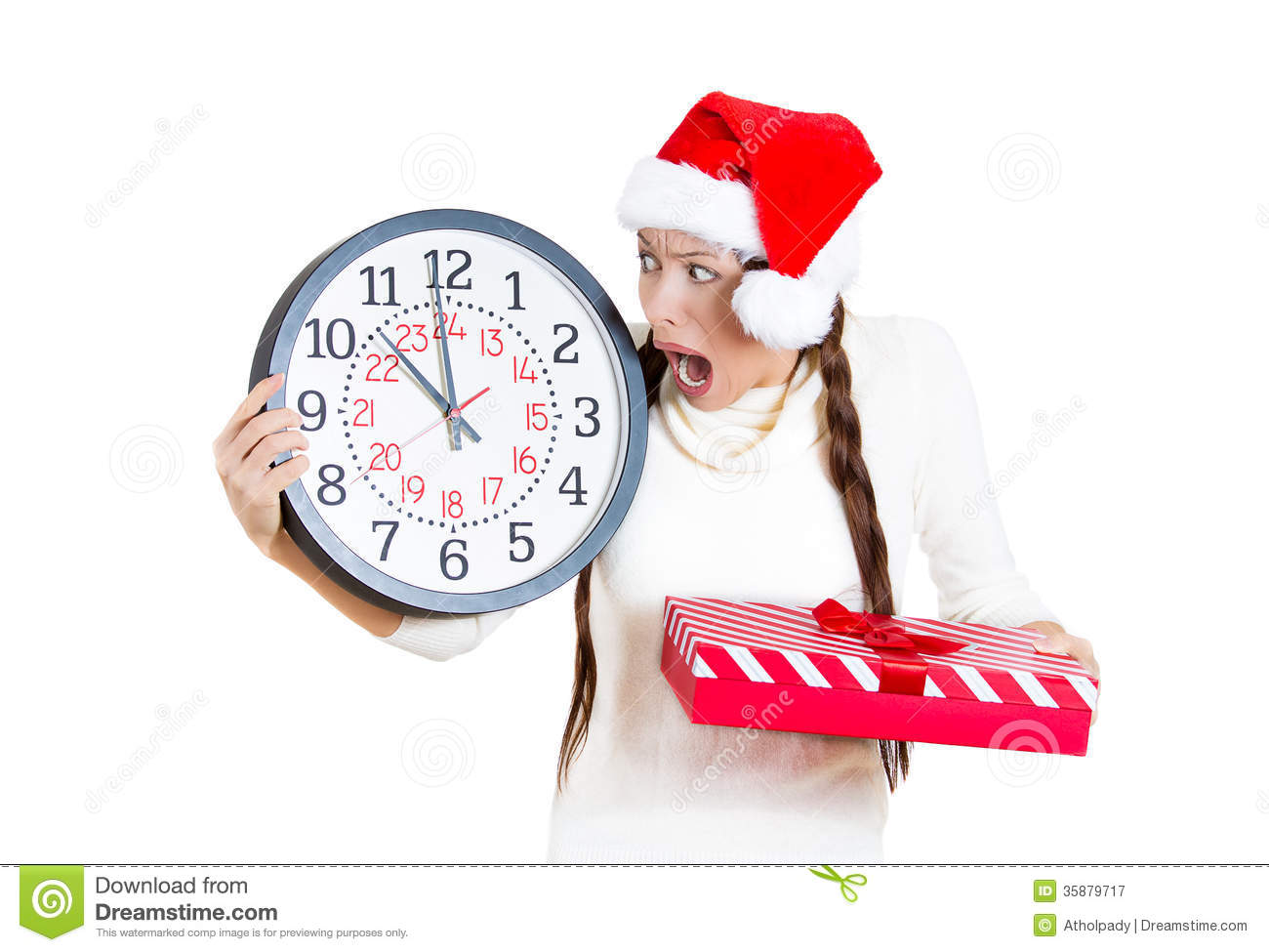 Worried Stressed In A Hurry Young Woman Wearing Red Santa Claus Hat