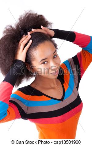 Black African American Teenage Girl Holding Her Afro Hair Isolated On
