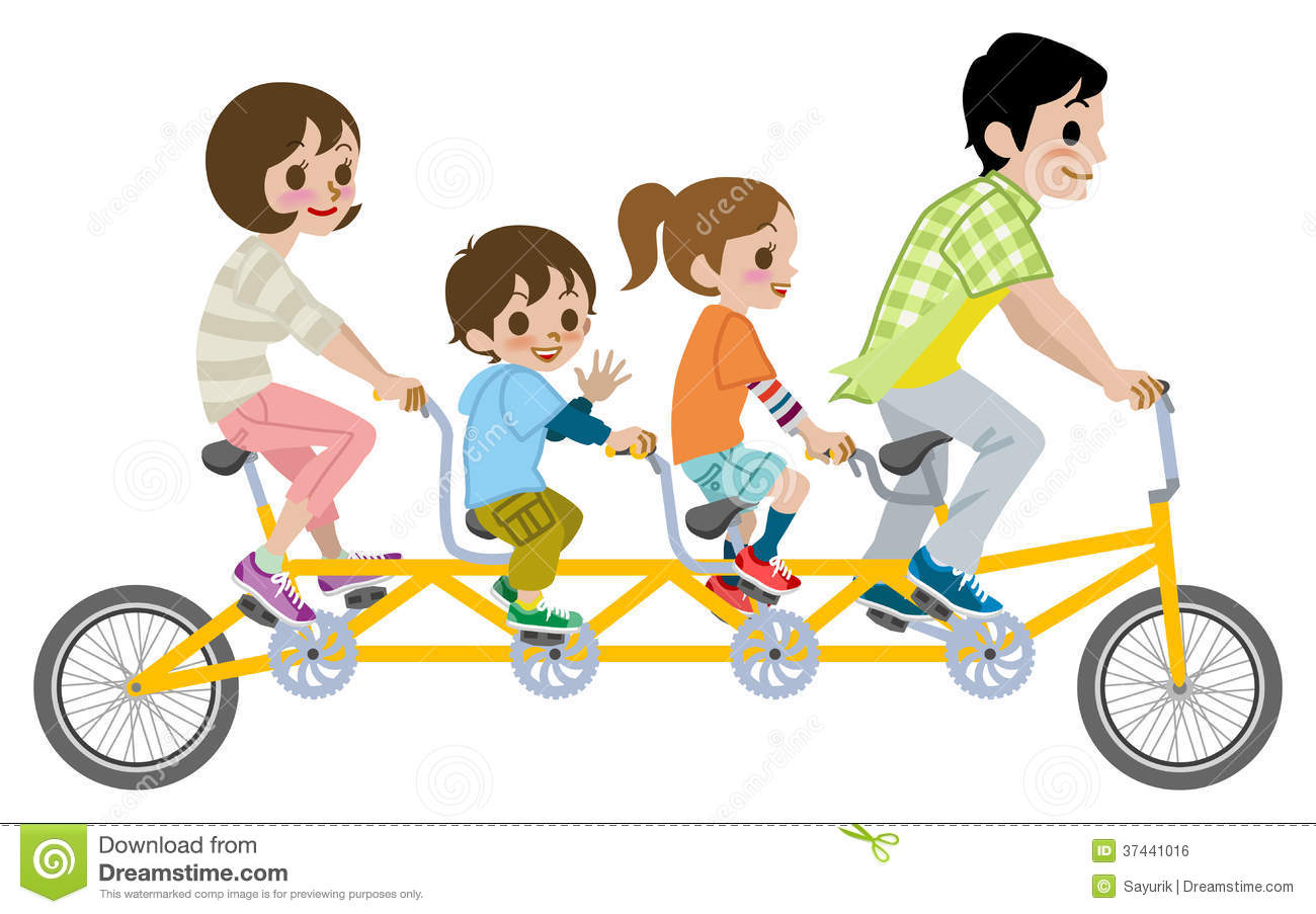 Family Riding Tandem Bicycle Isolated Royalty Free Stock Image