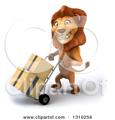    Male Lion Walking To The Left And Moving Boxes On A Dolly    By Julos