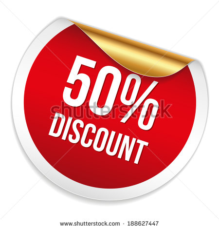 Red Round Fifty Percent Discount Sticker On White Background   Stock