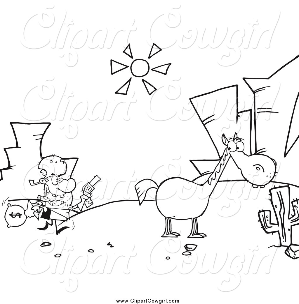 Clipart Of A Black And White Robber Running Towards His Horse In The