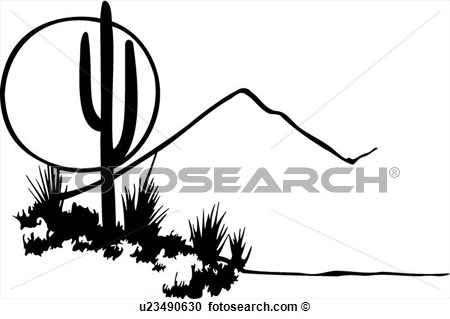 Clipart Of  Cactus Desert Illustrated Panels Moon Mountain