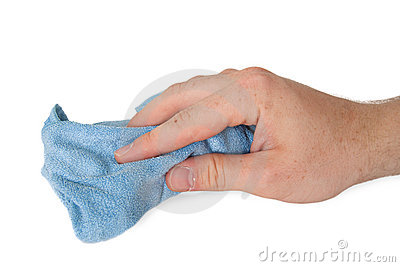 Handing Hold Blue Dirty Cloth Rag Wiping Cleaning Stock Photography    