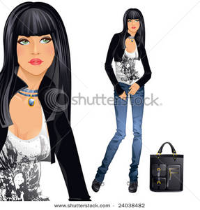 Beautiful Dark Haired Woman In Blue Skinny Jeans Vector Illustration