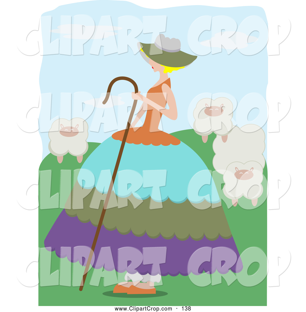Clip Art Vector Of A Serene Little Bo Peep Watching Over Her Sheep In