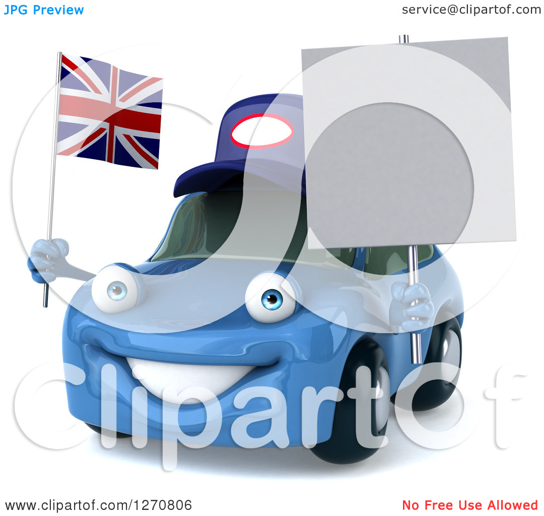 Clipart Of A 3d Blue Compact Mechanic Car Holding A Blank Sign And