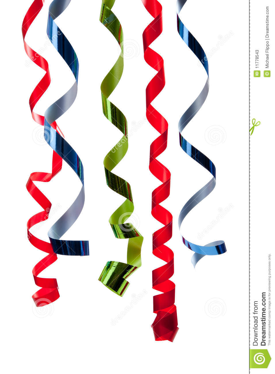 Colored Curly Ribbon Including Red Green And Blue Hanging In Front Of