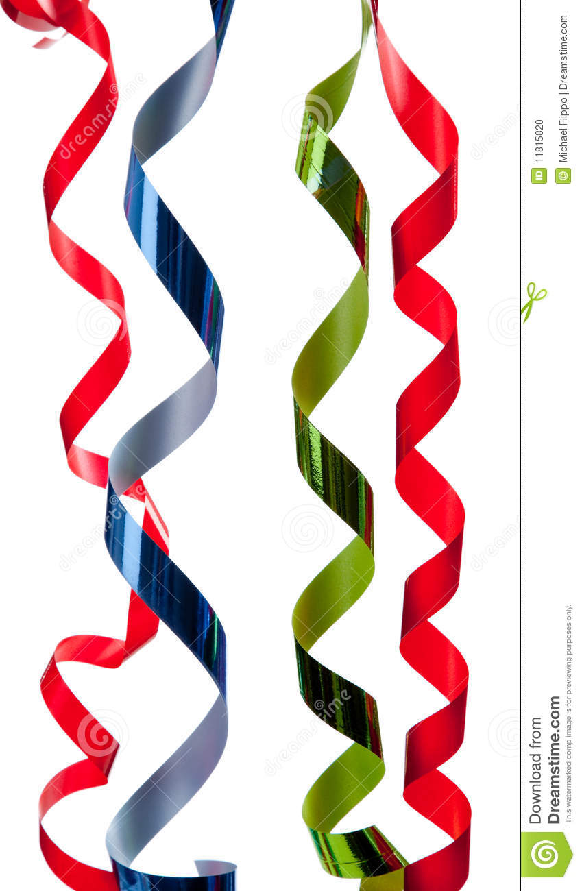 Colored Curly Ribbon Including Red Green And Blue Hanging In Front Of    
