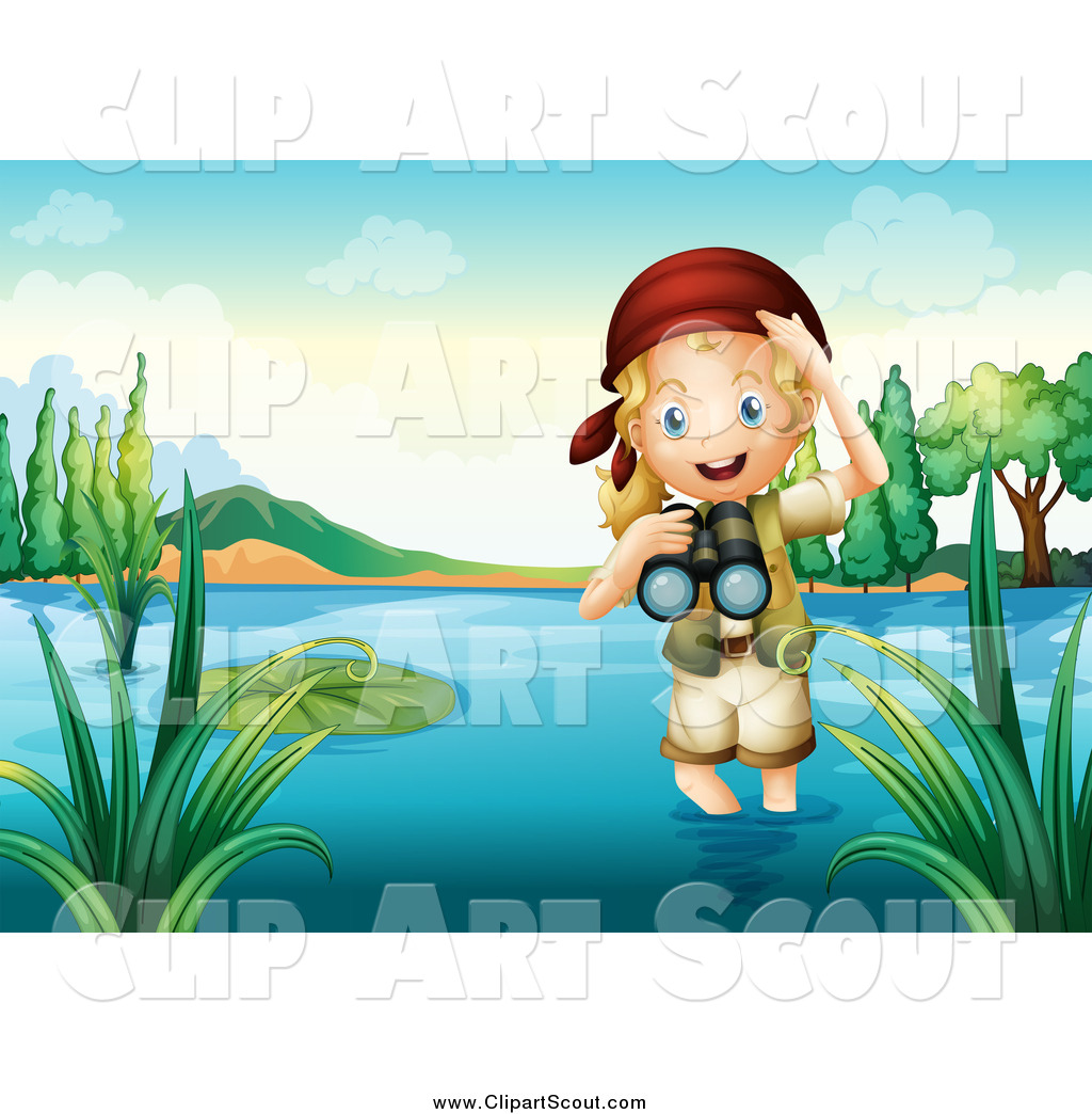 Larger Preview  Clipart Of A Blond Explorer Girl Wading In Water And