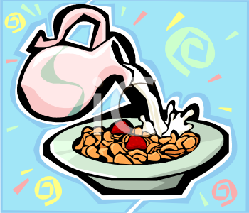 Milk Pouring Onto A Bowl Of Cereal Flakes   Royalty Free Clip Art