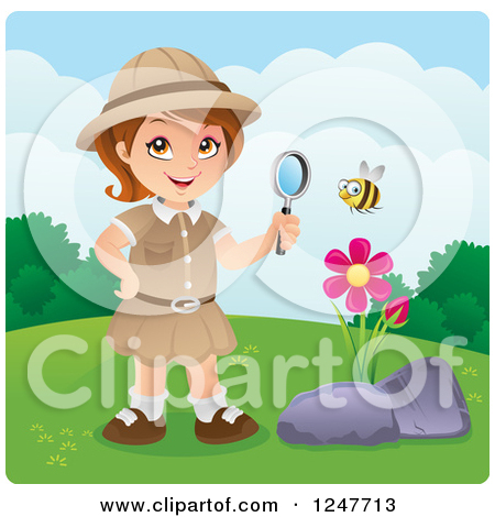Safari Explorer Girl Watching A Bee With A Magnifying Glass By Cartoon