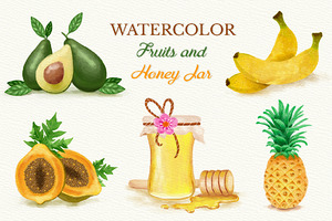 10 1  Watercolor Fruits And Honey Jar By Elena Neculae In Graphics