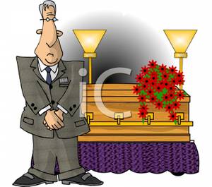 Cartoon Funeral Director Standing By A Casket Royalty Free Clipart    