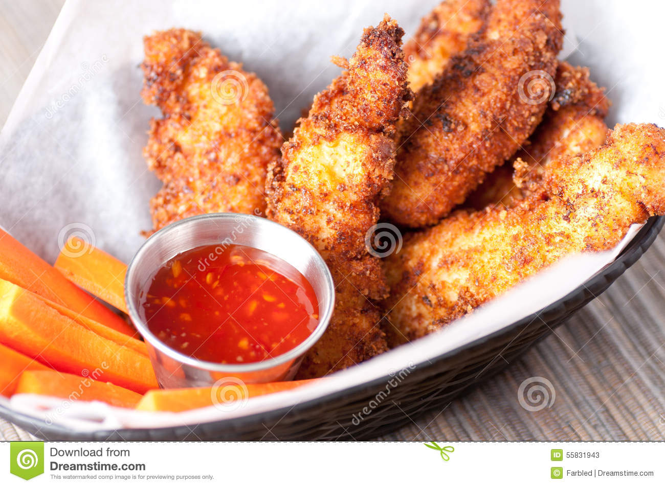 Chicken Tenders Or Strips With A Spicy Chilli Sauce And Vegetable