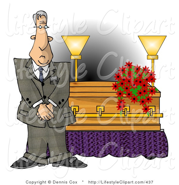    Clipart Of A Solemn Male Funeral Director Standing Beside A Casket