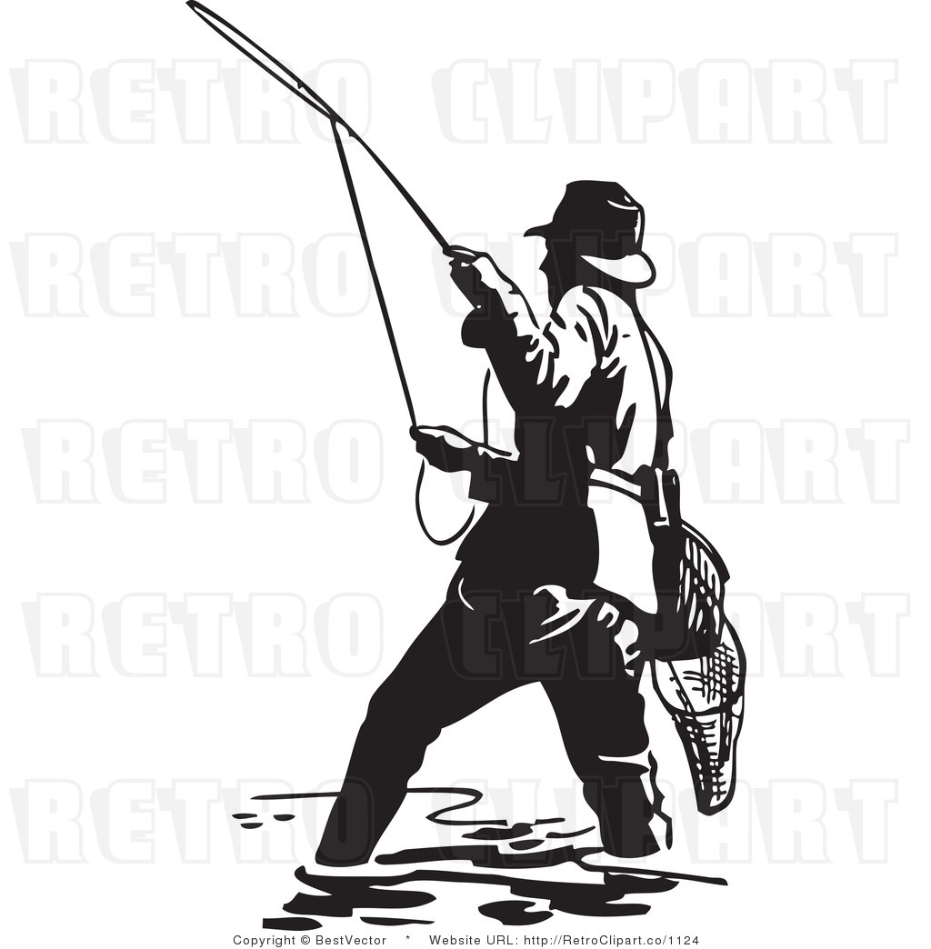 Free  Rf  Vector Retro Clipart Illustration Of A Wading Fisherman