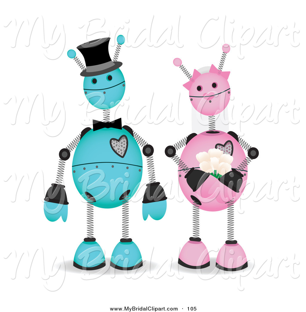Bridal Clipart Of A Blue And Pink Robot Wedding Couple Standing Next    