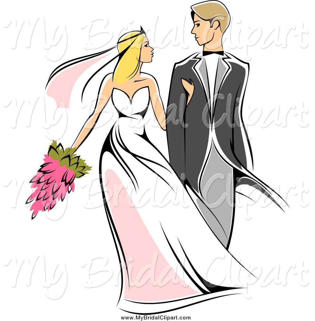 Bridal Clipart Of A Sketched Caucasian Newlywed Couple Walking And    