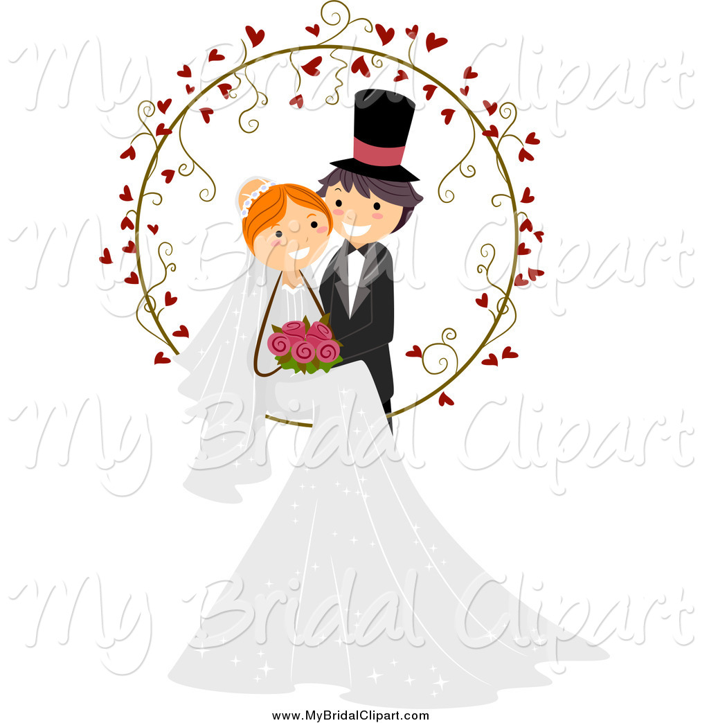 Bridal Clipart Of A White Wedding Couple Posing In A Heart Vine Ring