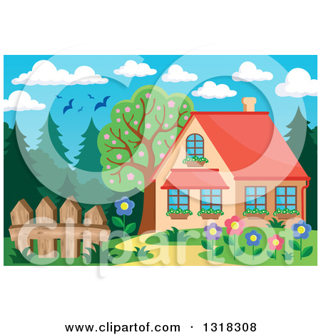 Clipart Of A Cartoon Home With A Flower Garden Forest And Birds Under    