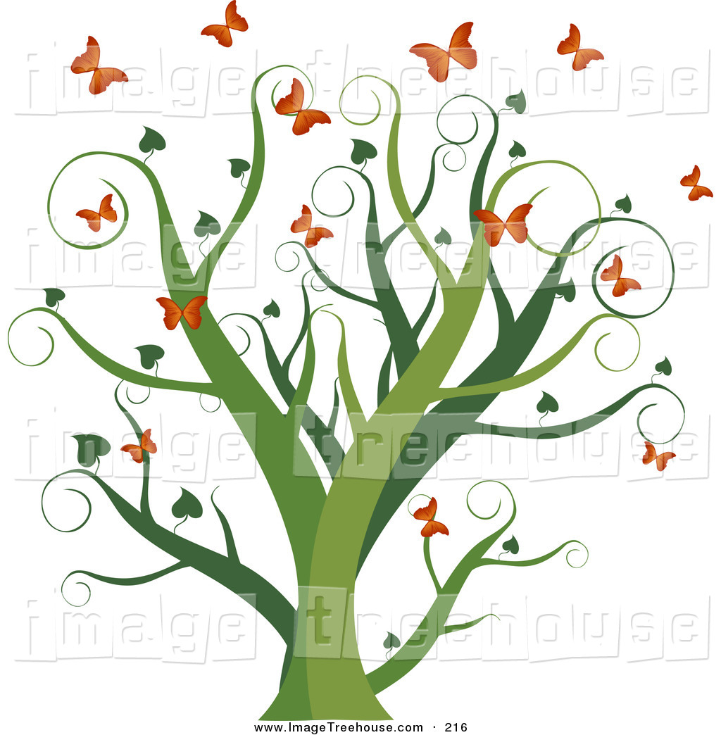 Curly Green Growing Tree With Heart Leaves Surrounded By Fluttering