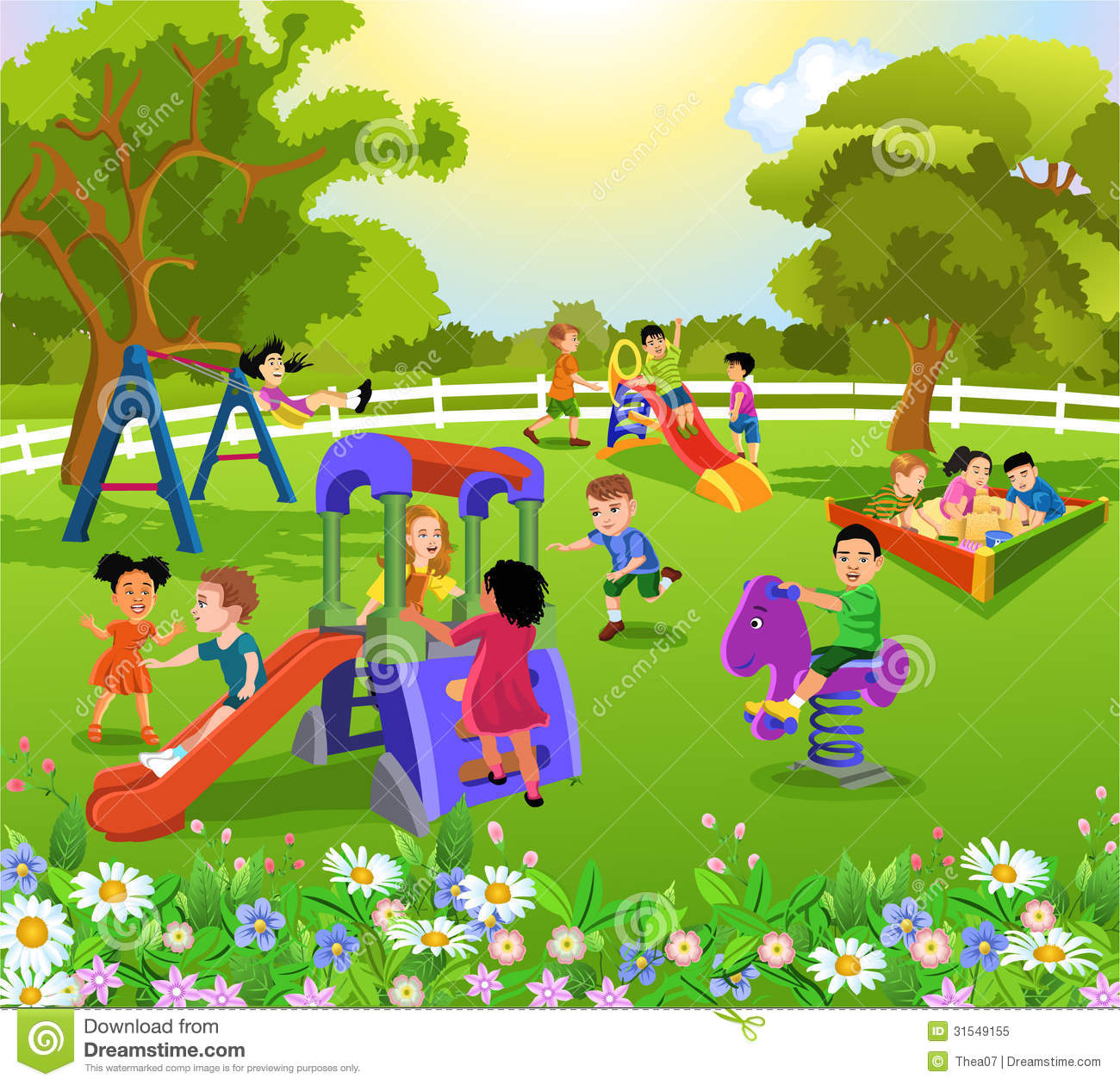 Happy Children Playing In A Garden With Flowers And Trees