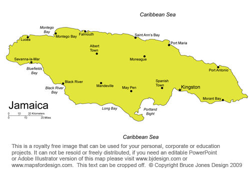 Jamaica Map Capital Kingston Caribbean Sea Bordered By Cuba Mexico    