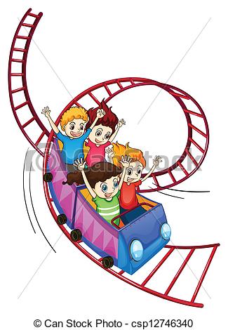 Of Brave Kids Riding In A Roller Coaster Ride On A White Background