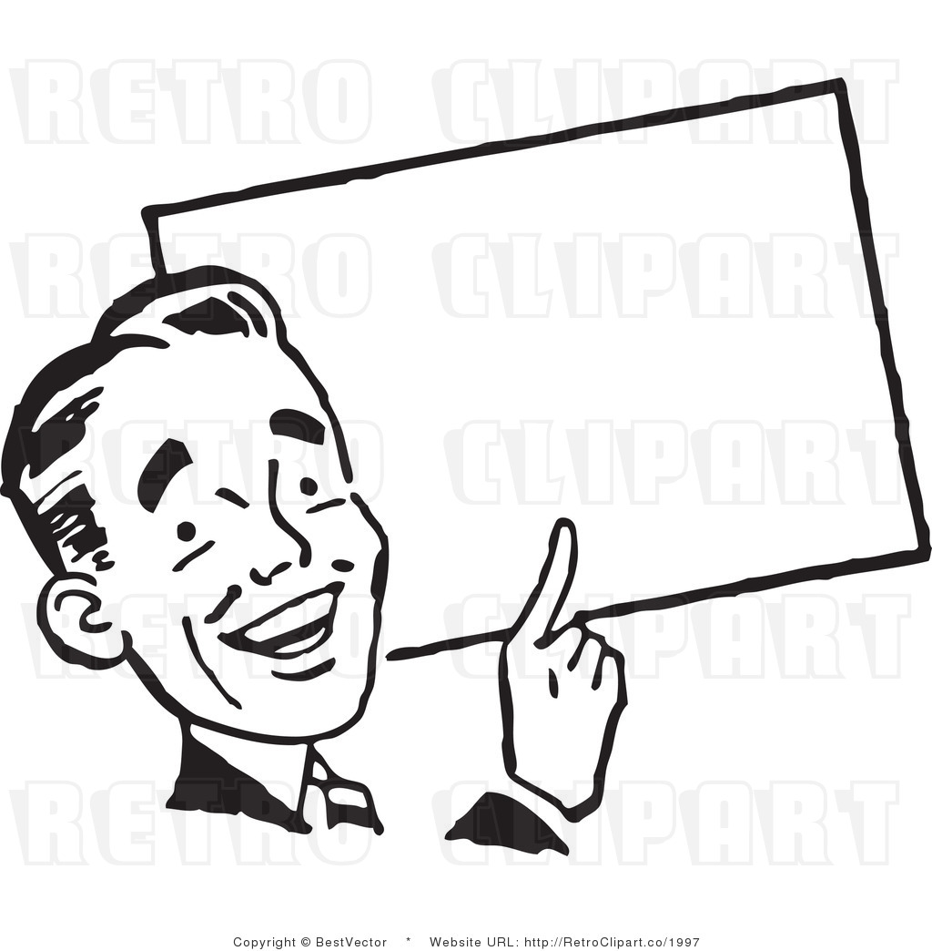 Royalty Free Black And White Retro Vector Clip Art Of A Guy Pointing