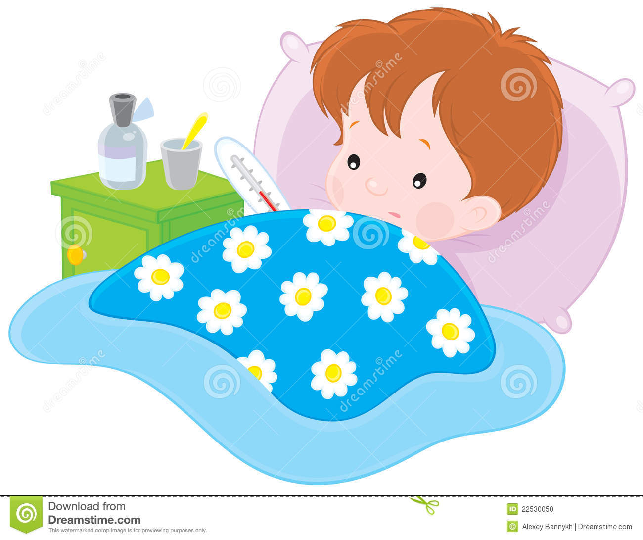Vector Clip Art Illustration Of A Sick Boy Lying With A Thermometer In
