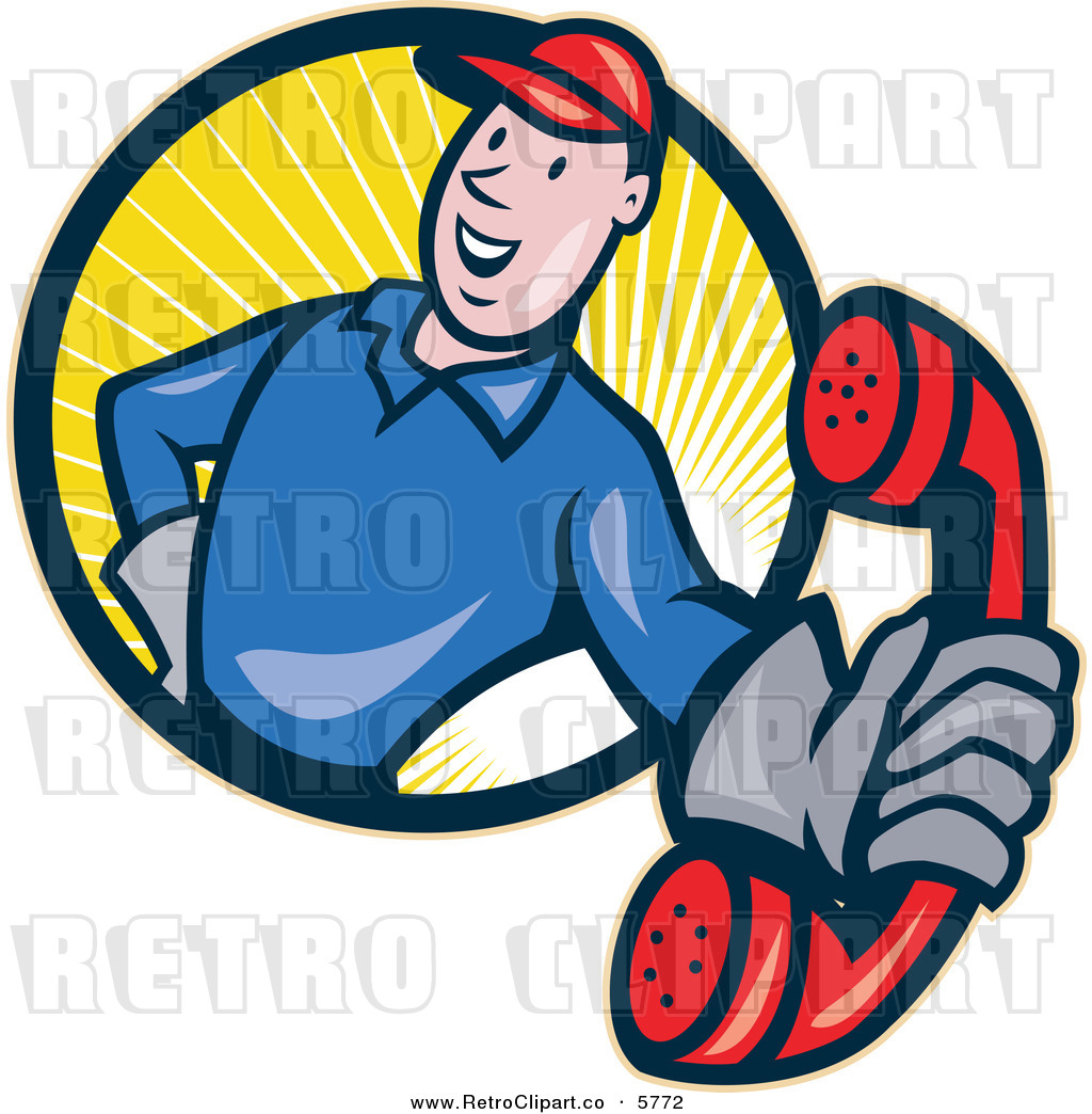 Vector Clipart Of A Retro Telephone Repair Guy Holding A Phone Out
