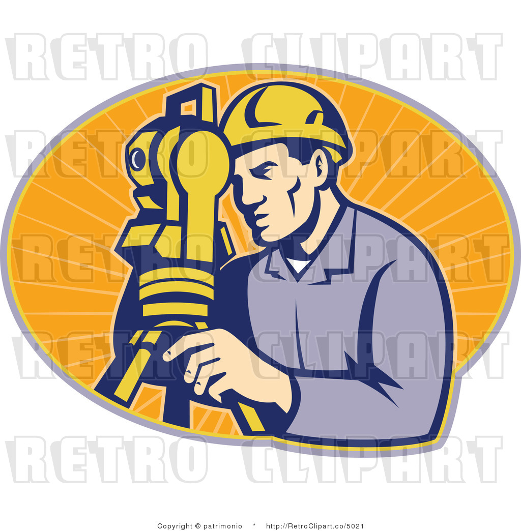 Vector Retro Clipart Of A Guy Surveying With A Theodolite Tool By
